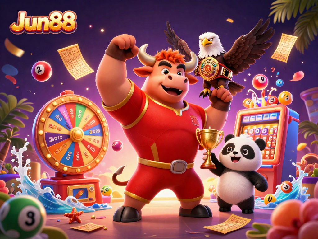 Experience the excitement of Jun88 with a victorious bull mascot, eagle, and panda, surrounded by dynamic casino elements.