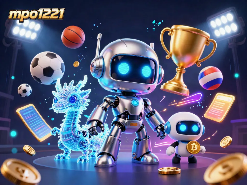 Engage with mpo1221's thrilling betting action illustrated through dynamic sports elements and a vibrant 3D scene.