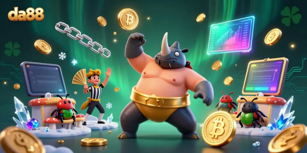 Engage in thrilling action at da88 with a vibrant cartoon illustration of a beetle sumo match surrounded by gaming elements.