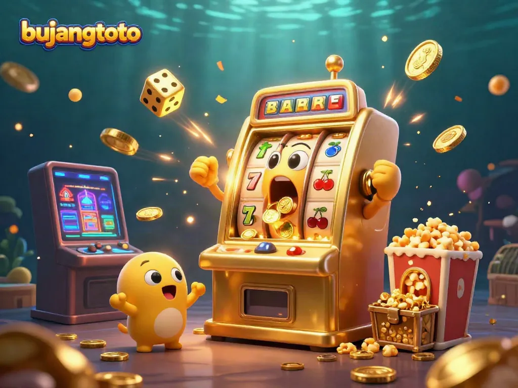 Experience the excitement of bujangtoto as a golden slot machine hits the jackpot, showering coins everywhere.