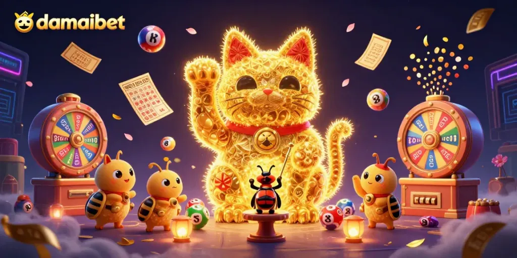 Experience the thrill of damaibet gaming with a vibrant illustration of a lucky cat and lively casino symbols.
