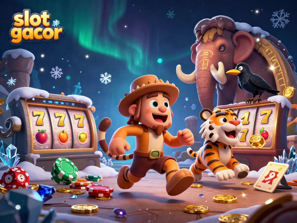 Experience slot gacor excitement in a vibrant prehistoric casino with animated slot reels and colorful symbols.