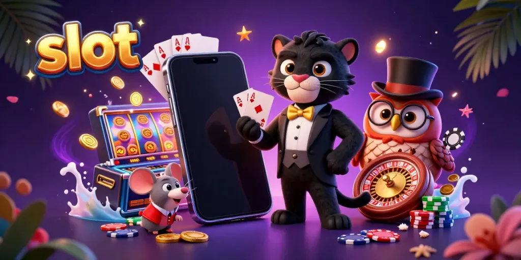 Engage in thrilling slot action with a polished cartoon scene featuring card games and vibrant casino elements.