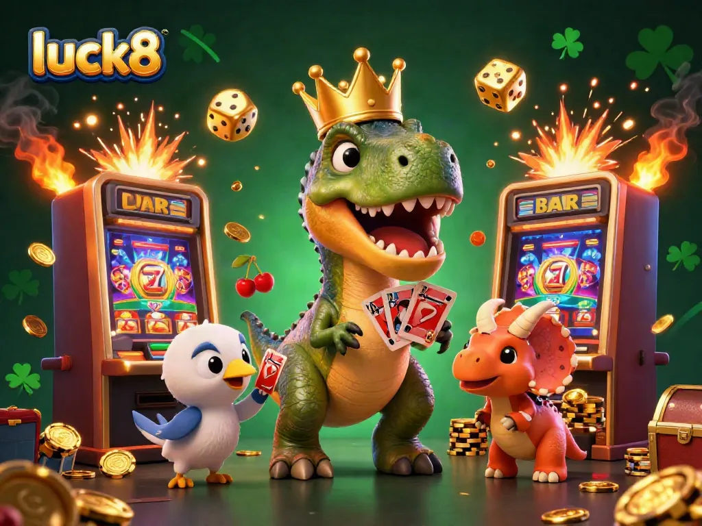 Experience the excitement of luck8 with a cartoon T-Rex and friends amidst a dazzling casino scene.