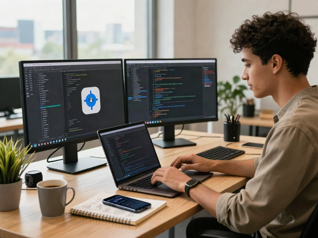Developer coding using pikashow apk in a modern office workspace.