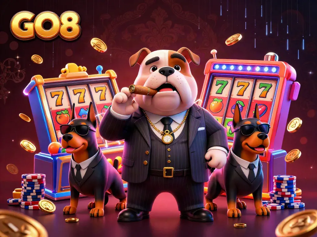 Engage with GO8's vibrant casino atmosphere filled with slot symbols and dynamic characters.