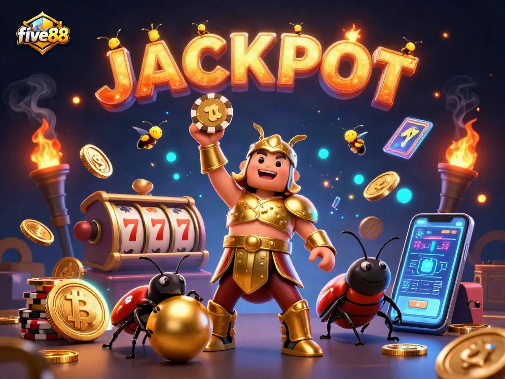 Engage with five88 as cartoon beetles celebrate a jackpot amidst gold coins and slot reels.