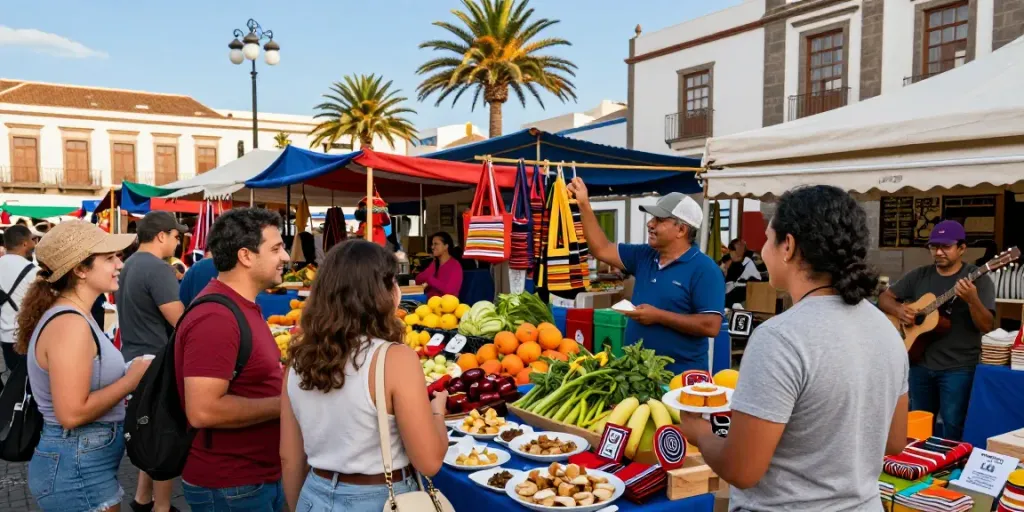 Engaging Tenerife news marketplace scene with locals enjoying culture, vibrant stalls, and fresh produce.