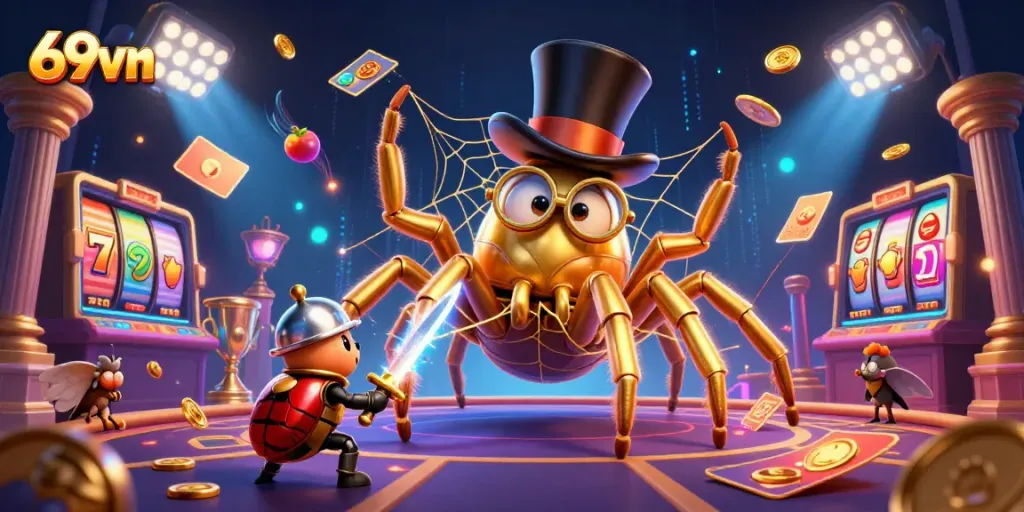 Experience thrilling slot action with 69vn, featuring a golden tarantula and beetle knight in a vibrant casino.