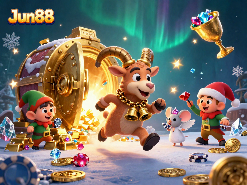 Experience thrilling gaming at Jun88 with a festive Krampus goat and mischievous gremlins in a vibrant casino.