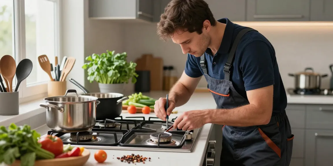 Gas stove repair technician adjusting burner assembly in a modern kitchen setting with fresh ingredients and utensils.