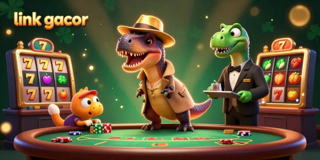 Experience thrilling gameplay with link gacor at a blackjack table as cartoon dinosaurs interact dynamically.