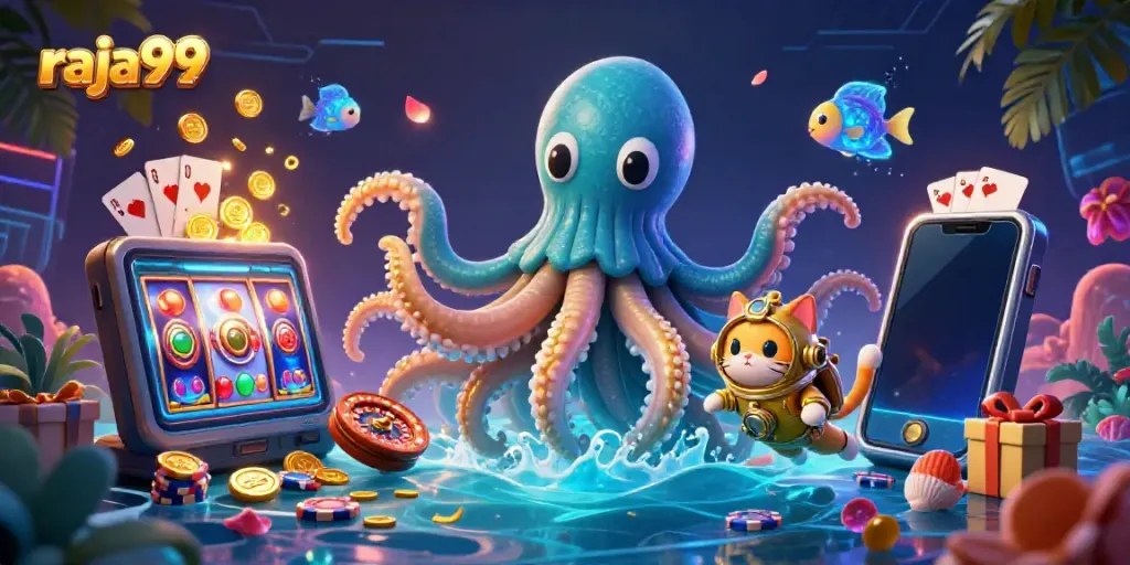 Play thrilling games at raja99 with vivid illustrations of kraken, cat, and casino elements.