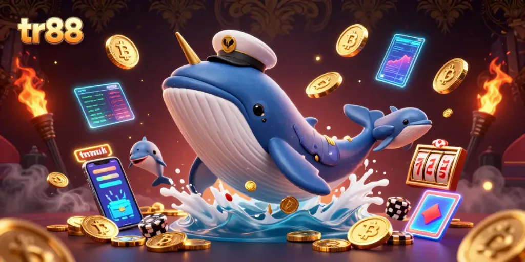 Join the action with tr88 casino games featuring vibrant whales and playful dolphins amidst a treasure of coins.