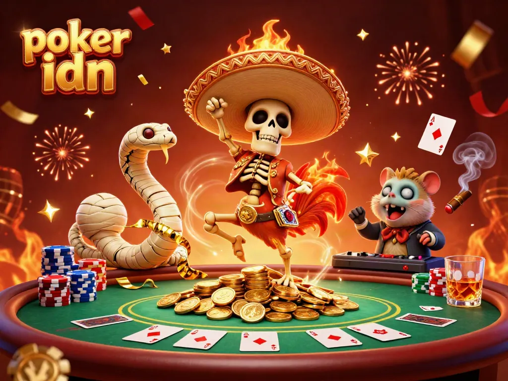 Menggairahkan dunia poker idn dengan karakter unik, menari di atas koin emas, dikelilingi suasana meriah.