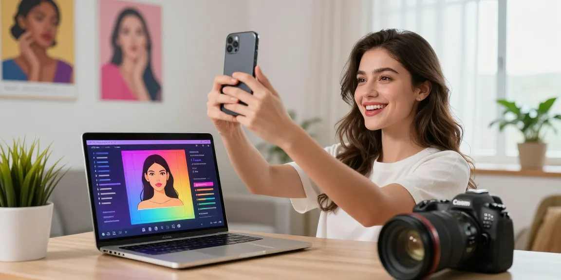 Young woman engaged in an attractive test using AI beauty metrics and technology.