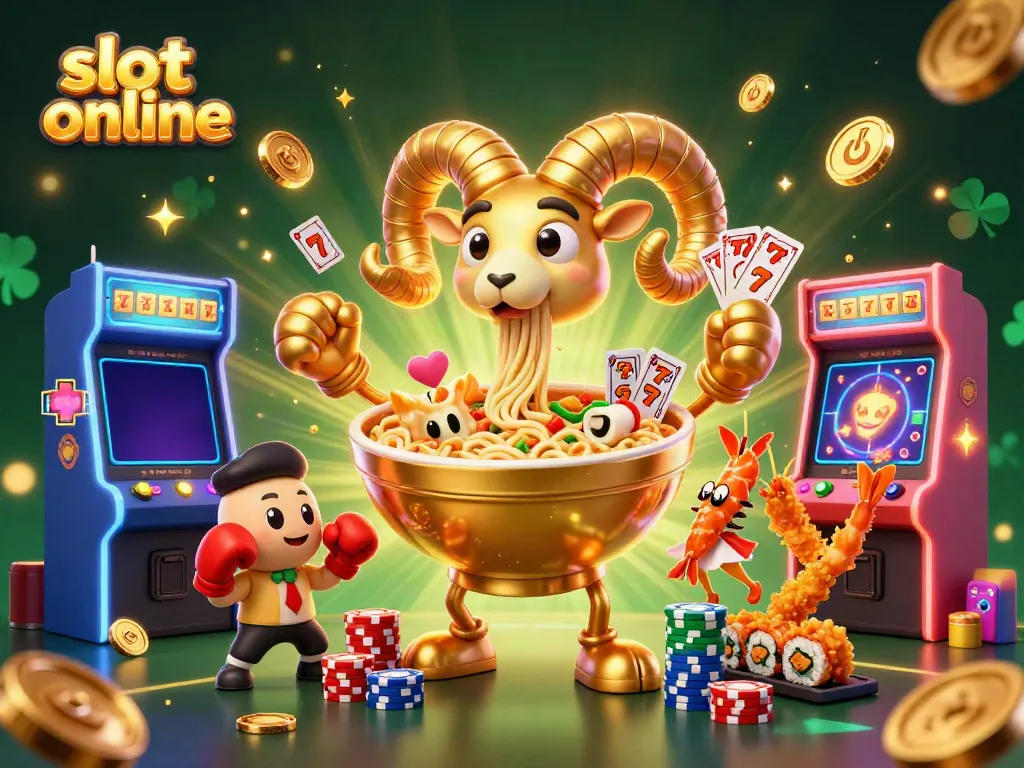 Engage with slot online gameplay in a vibrant, lively scene of a giant ramen bowl character and friends.