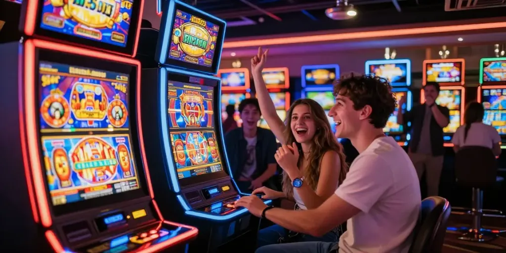 Exciting group playing สล็อต machines in a lively casino atmosphere.