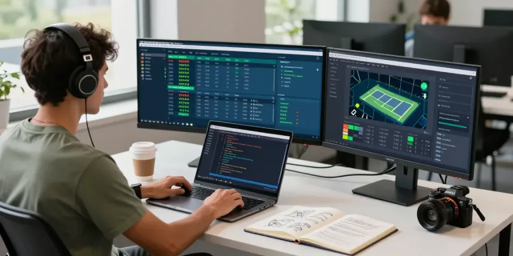 Software developer using a tennis API for developers in a modern workspace with multiple screens and coding tools.