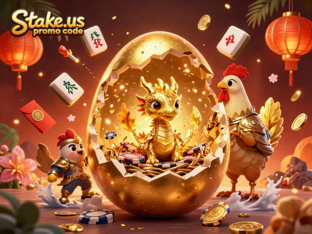 Claim bonuses with the stake.us promo code in a vibrant casino-themed illustration featuring a golden baby dragon.