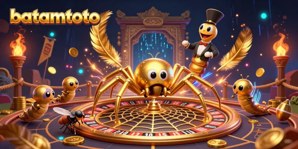 Experience thrilling bets with batamtoto in a vibrant, dynamic casino scene featuring a golden spider and centipede croupier.