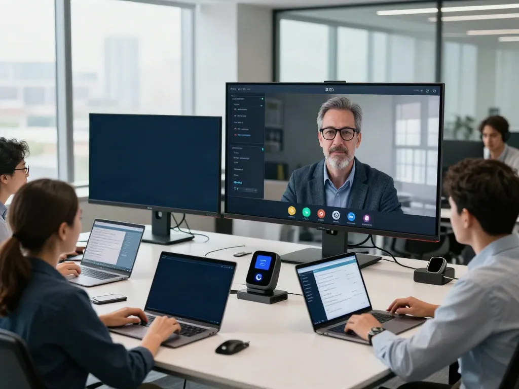 Deepfake protected Online Video Calls in a modern office setting with professionals using advanced security software.