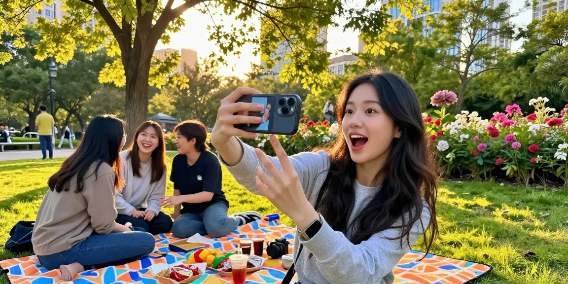 Compare your celebrity i look like selfie with friends in a vibrant park.