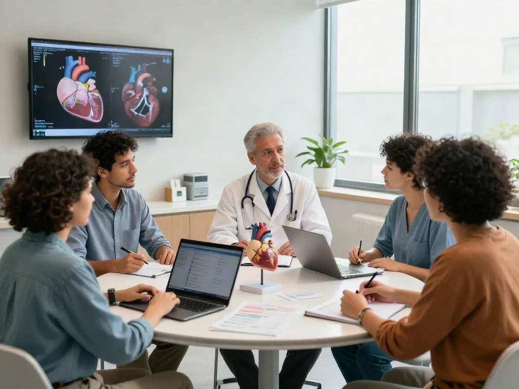 Educating patients about heart transplant options in a welcoming medical office setting.