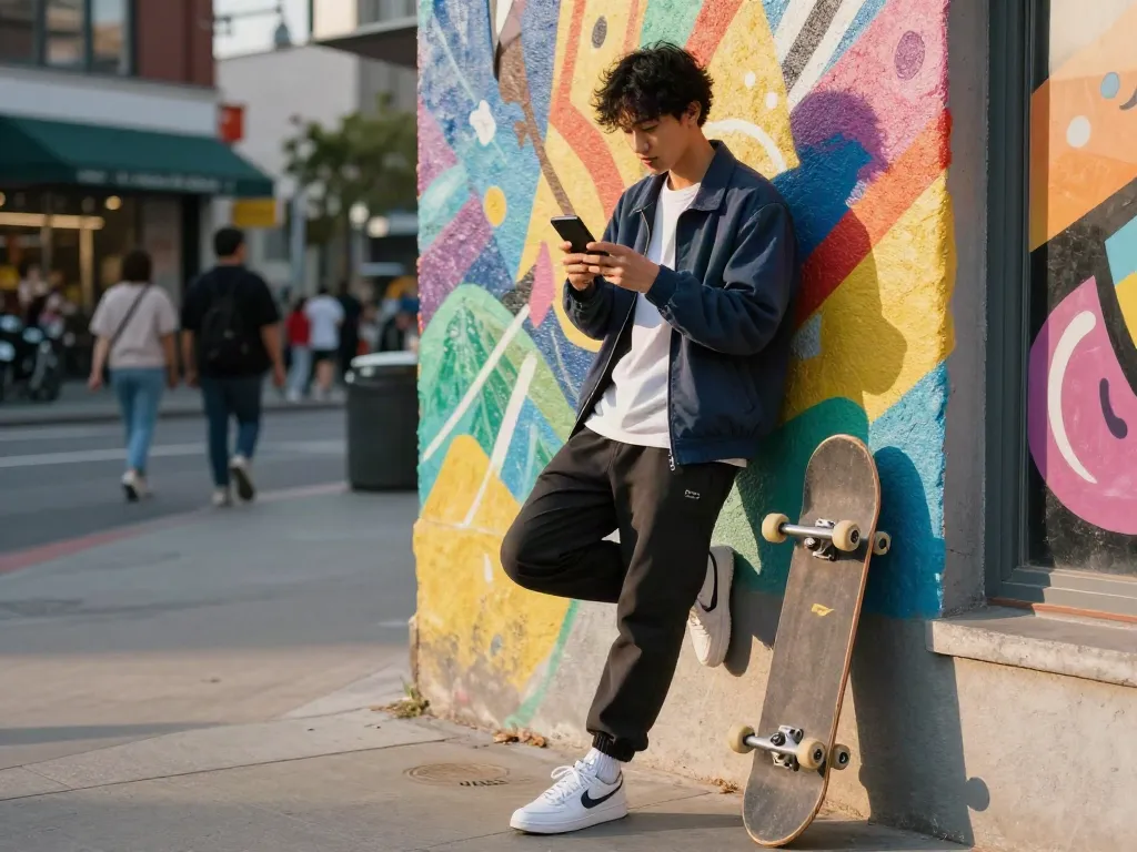 Stylish influencer posing with smartphone in urban setting, promoting Roma Army OnlyFans lifestyle.