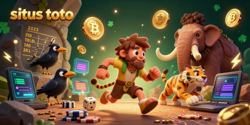Experience the excitement of situs toto with a vibrant prehistoric casino scene featuring engaging 3D characters and digital elements.
