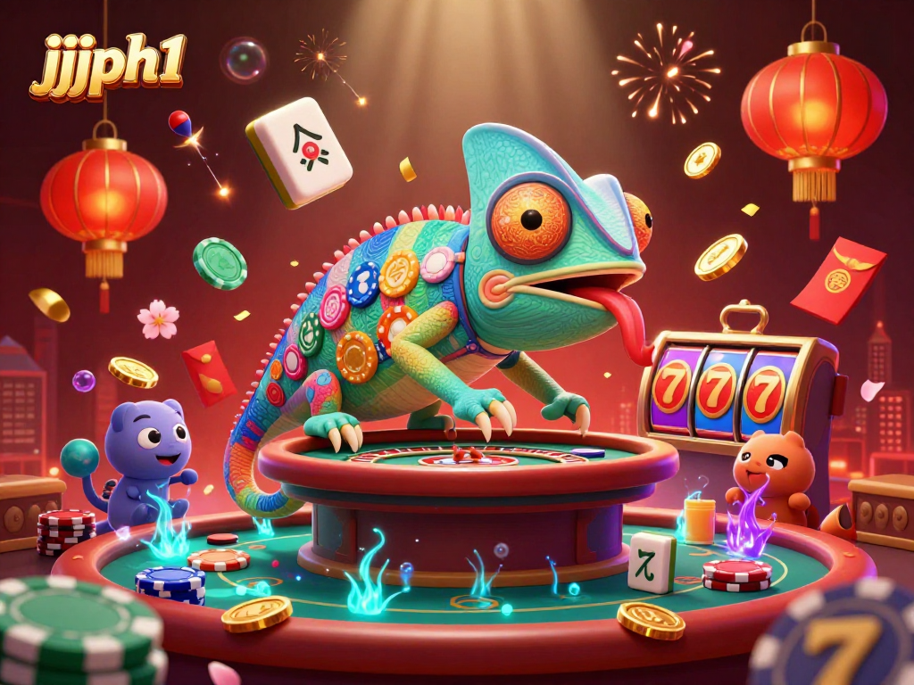 Engage with jjjph1's vibrant casino scene featuring a colorful chameleon, slot reels, and festive decorations.