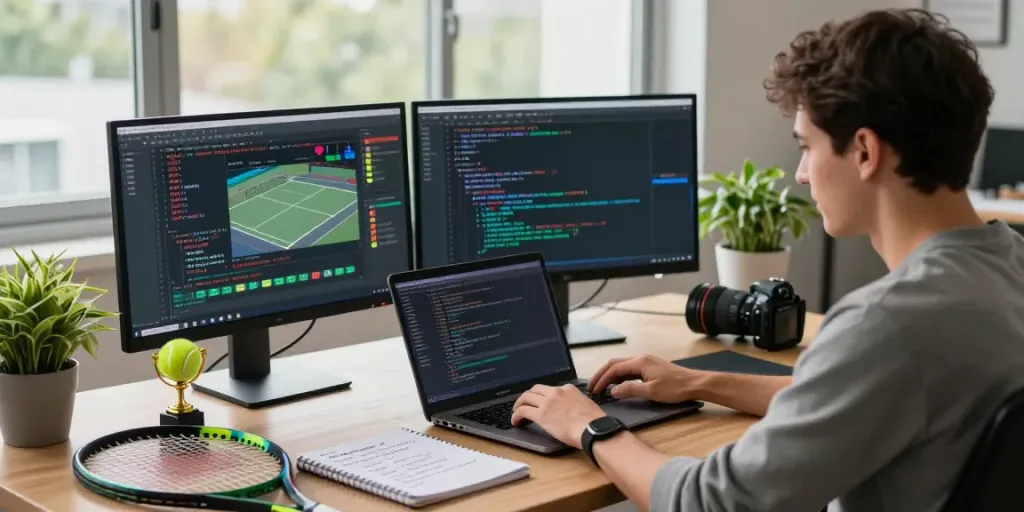 Developer working with a tennis api for developers at a modern workspace filled with live match data and coding elements.