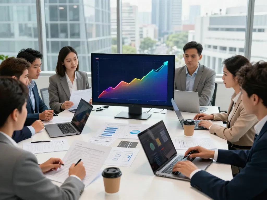 Team collaborating on turnaround and restructuring consulting in a modern office space with financial documents and digital charts.