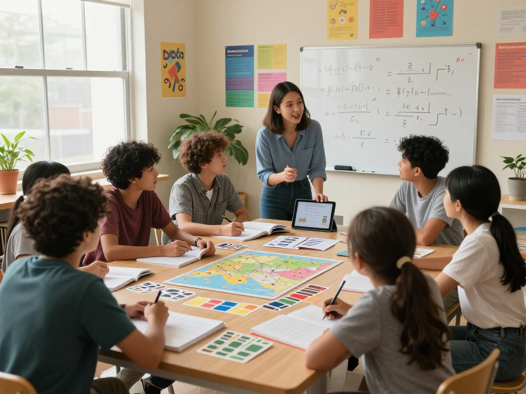 Students engaged in interactive tuition classes near me, vibrant learning environment with a supportive tutor.