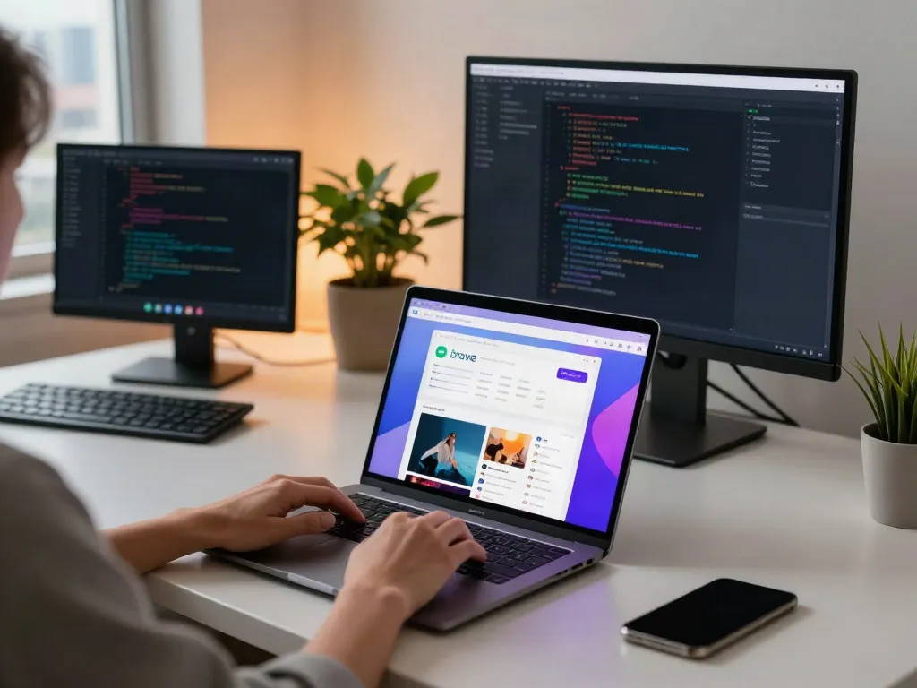 Person using brave浏览器 on a modern laptop in a vibrant workspace.