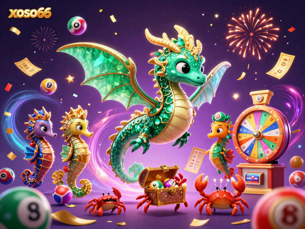 Engage with the vibrant xoso66 lottery scene featuring a sea dragon and colorful game elements.