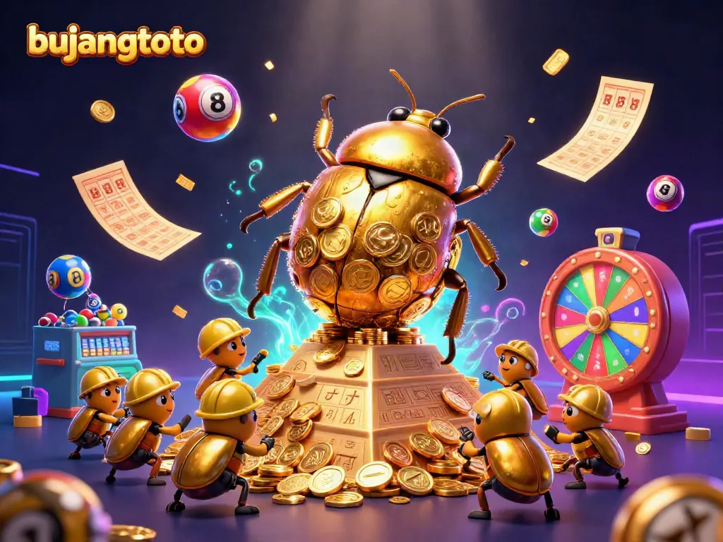 Engage with bujangtoto as an oversized golden dung beetle rolls a coin ball amidst a vibrant casino scene.