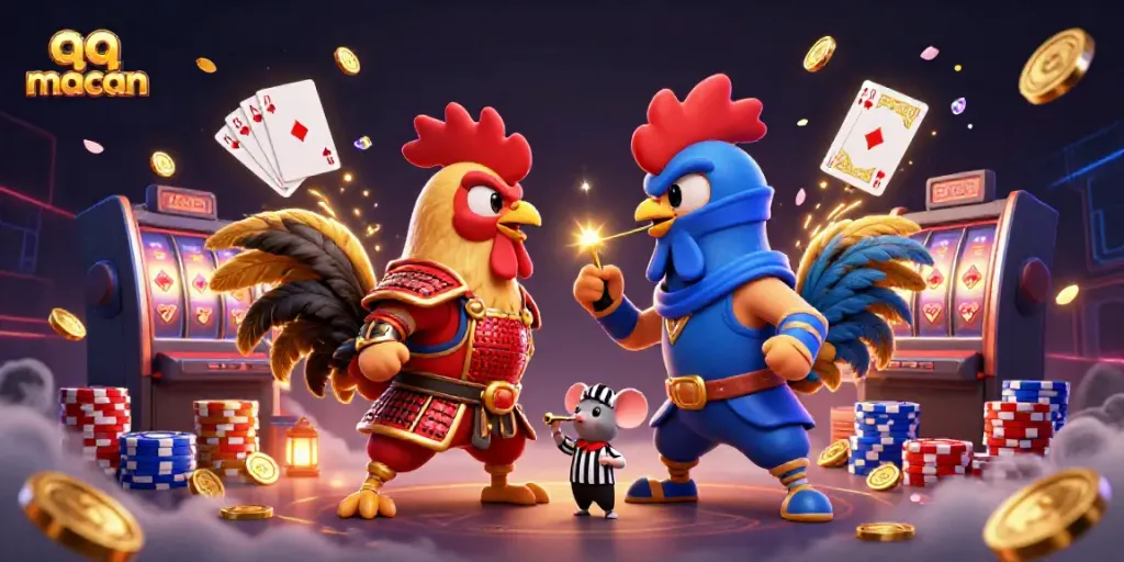 Engage in thrilling battles with QQ Macan's fighting roosters in a dynamic casino showdown.