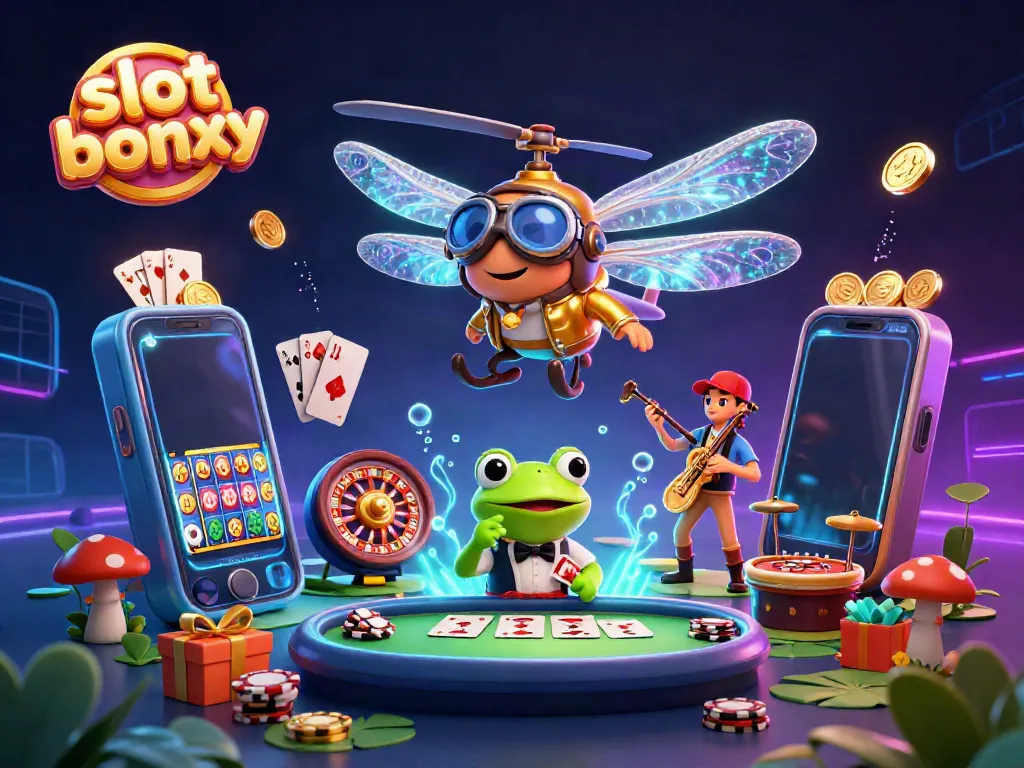 Experience excitement with slot bonus as a dragonfly pilot and frog dealer share the casino scene.
