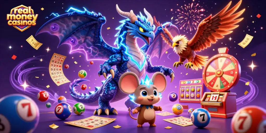 Engage in real money casinos with exciting dragon and hawk characters amid dynamic casino elements.