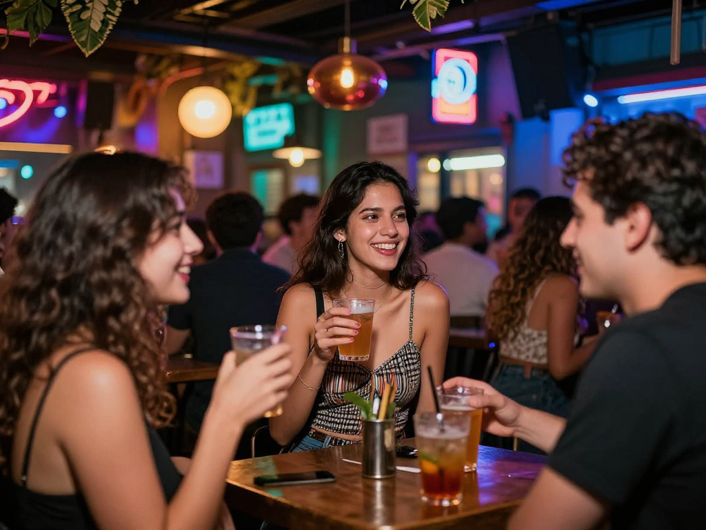 Gái gọi tận hưởng không khí vui vẻ tại quán bar nhộn nhịp trong thành phố
