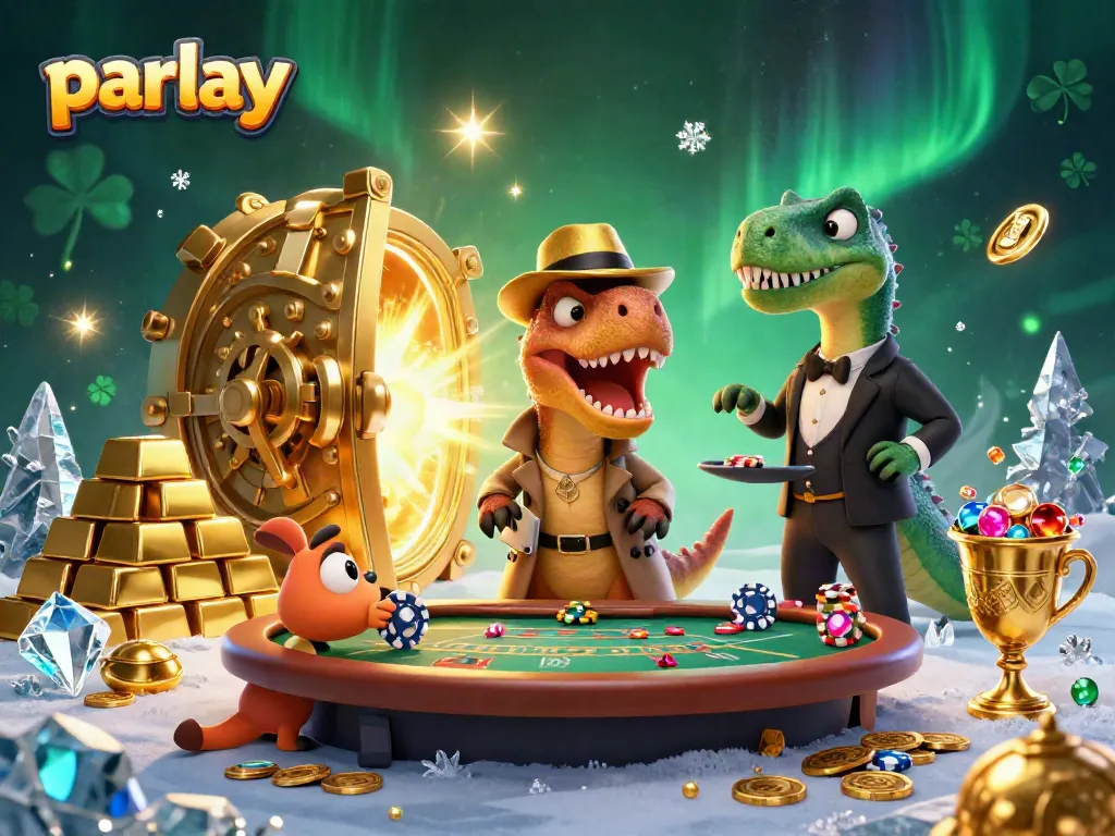 Experience the parlay excitement with a velociraptor betting at a blackjack table amid treasure elements.