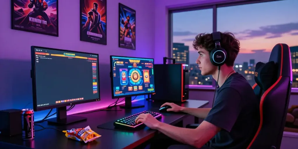 Pengguna bermain bukumimpi138 di meja gaming modern dengan cahaya LED.