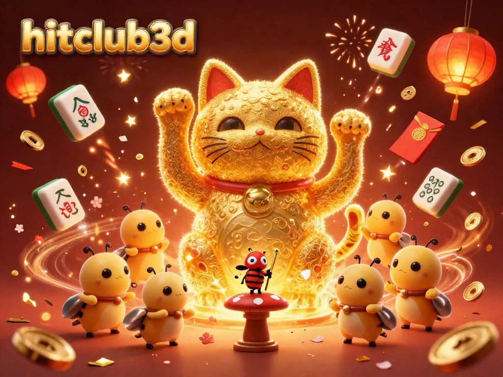 Experience the thrill of hitclub3d with a vibrant 3D illustration showcasing a lucky cat amidst festive casino elements.
