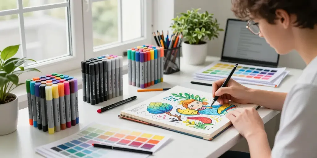 Marker pen supplier workspace with artist illustrating vibrant designs.