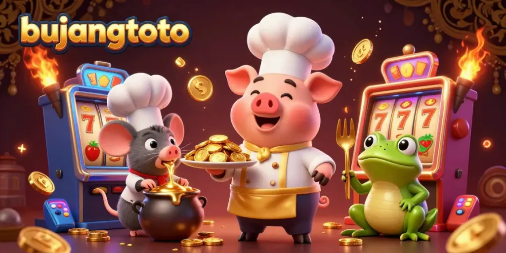 Bujangtoto chef pig serves winning coins while a mouse and frog celebrate in this vibrant online gaming scene.