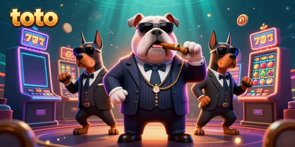 Engage in the thrilling world of toto casinos with a mafia-themed 3D illustration showcasing vibrant slot machines.