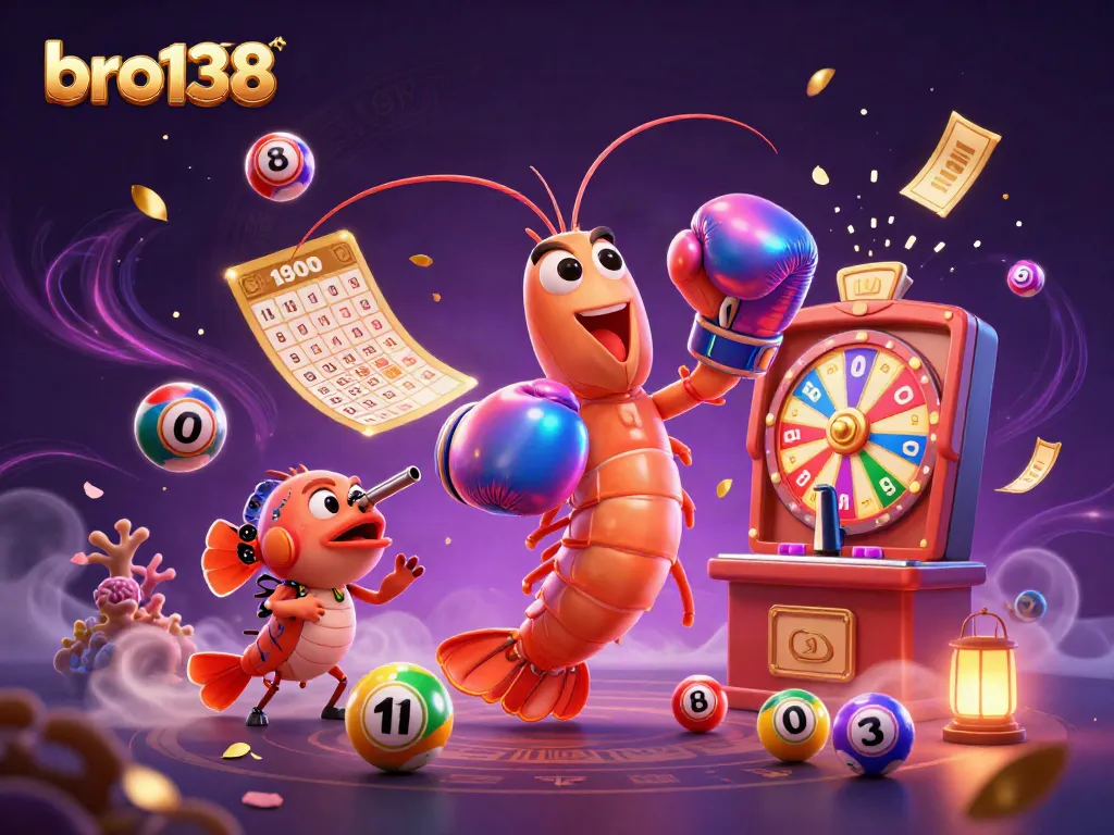 Experience the dynamic gaming world of bro138 with colorful lottery elements and engaging characters in a vibrant casino scene.