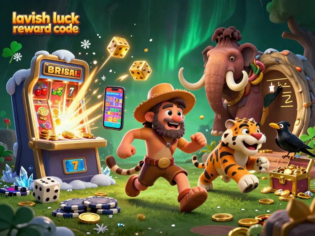 Engage with lavish luck reward code by exploring a vibrant prehistoric casino scene filled with dynamic game elements.
