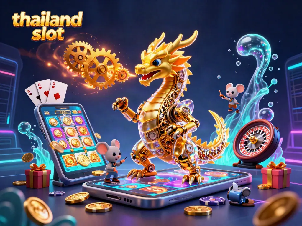 Spin to win with thrilling thailand slot adventures, featuring a golden dragon and vibrant casino elements.